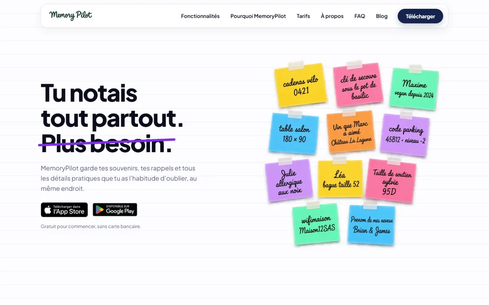 Aperçu du site Memory Pilot